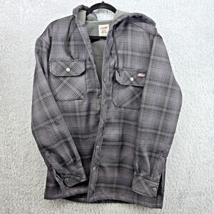 Dickies Jacket Mens Medium Gray Plaid Hooded Fleece Lined Snap Front Shacket